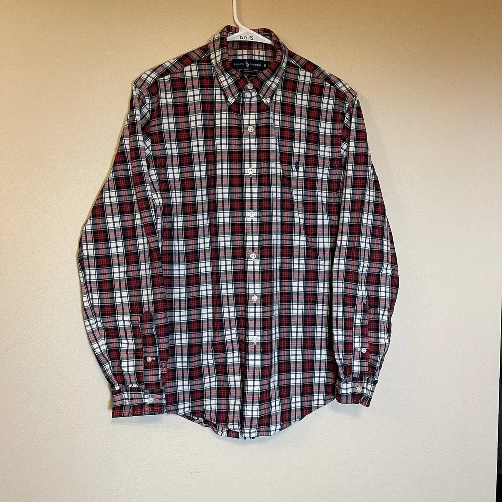 Ralph Lauren Mens Custom Fit Plaid Button Down Shirt Red Navy White Medium
